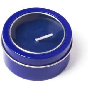 A blue aromatic candle in a metal tin with a clear lid, featuring a white wick.