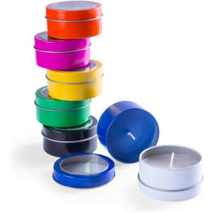 A stack of scented candles in various colours, including red, pink, yellow, green, blue, black, and white. Each has a clear lid.