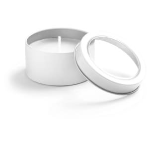 A white aromatic candle in a round metal tin with a removable lid. The tin features a logo.