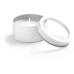 A white aromatic candle in a round tin container, with the lid slightly ajar.