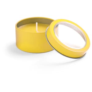 A yellow scented candle in a round tin with a removable lid, featuring a smooth surface.