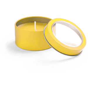 A yellow aromatic candle in a round tin with a removable lid. The wax is visible inside the tin.