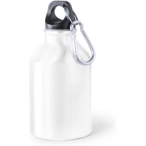 A drink bottle in white with a black cap and a metal carabiner for easy attachment.