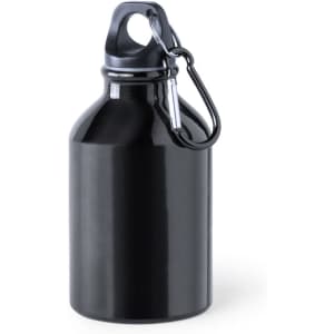 A drink bottle in black with a carabiner clip and a sleek, glossy finish. It features a logo on the side.
