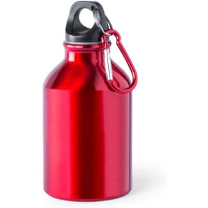 A drink bottle in shiny red with a black cap and a metal carabiner for easy attachment.