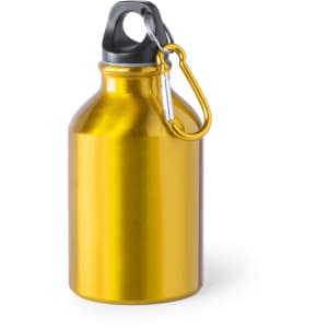 A drink bottle in metallic gold with a black top and a carabiner attached. It features a simple design and a logo.