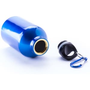A drink bottle in shiny blue with a gold inner lining and a black cap alongside a carabiner clip.
