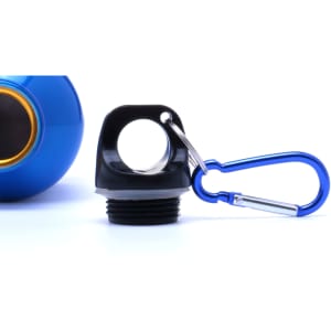 A drink bottle with a blue body and a black cap, featuring a silver carabiner for attachment.