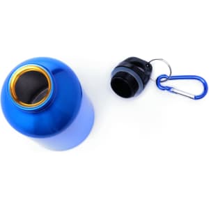 A drink bottle in vibrant blue with a black lid and a carabiner clip attached.