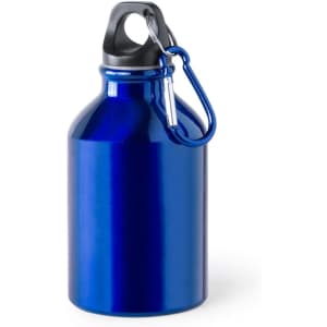 A drink bottle with a shiny blue finish and a black cap, featuring a carabiner for attachment.