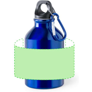 A blue drink bottle with a black lid and a carabiner. It features a blank area for custom branding.