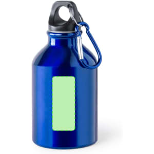 A drink bottle in a vibrant blue colour with a black cap and a carabiner attachment. It has a blank area for customisation.