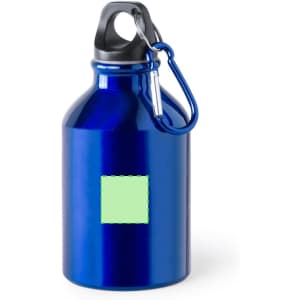 A drink bottle with a shiny blue finish, featuring a black top and a carabiner clip. It has a blank space for branding.