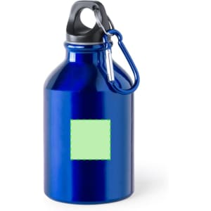 A drink bottle in a shiny blue finish with a black cap and a silver carabiner. It has a blank green square area.
