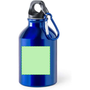 A drink bottle in a shiny blue finish with a black lid and a carabiner, featuring a blank area for customisation.