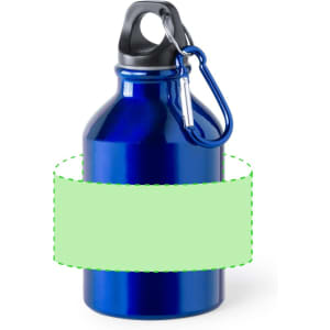 A drink bottle in a vibrant blue colour with a black screw top and a carabiner attachment.