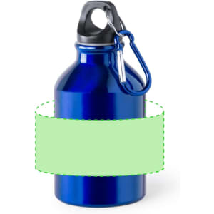 A drink bottle in shiny blue with a black cap and a silver carabiner, featuring a space for a label.