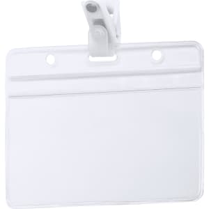 A clear plastic ID badge holder with a clip, designed to display name badges, featuring a simple rectangular shape.