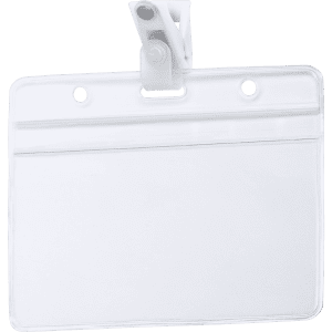 A clear, rectangular plastic name badge holder with a clip at the top for attachment.