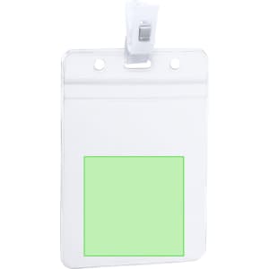 A clear plastic ID badge holder with a clip, featuring a green insert area. Ideal for exhibitions and events.