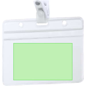 A clear name badge holder with a green insert area and a clip for attachment.