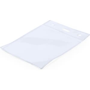 A clear plastic id badge holder with two holes for attachment, designed for displaying name badges at events.