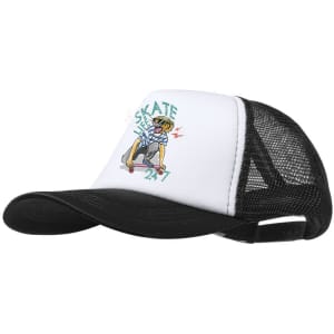 A black and white trucker cap featuring a graphic of a skater, with a mesh back and adjustable strap.