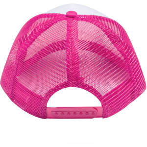 A pink trucker cap featuring a mesh back, with an adjustable strap for a comfortable fit.
