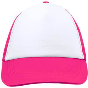 A trucker cap featuring a pink brim and mesh back with a white front panel and a logo.