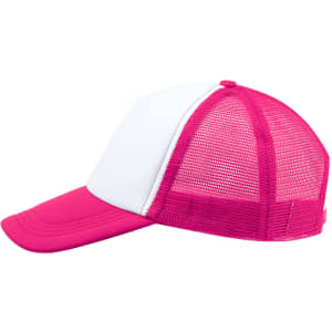 A pink and white trucker cap featuring a mesh back and a curved brim, including a logo on the front.