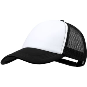 A black and white trucker cap featuring a mesh back and a solid front with a logo.