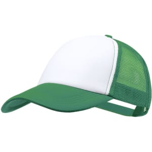 A green and white trucker cap featuring a mesh back and a curved brim, with a logo on the front.
