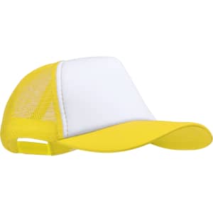 A yellow and white trucker cap featuring a mesh back and a branded logo.