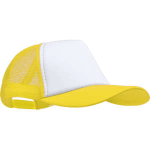 A yellow trucker cap with a white front and mesh sides, featuring a logo on the front panel.