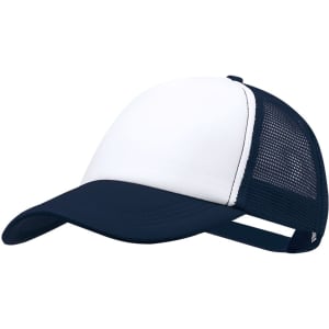 A navy and white trucker cap featuring a mesh back and a branded logo.