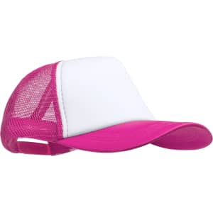A pink and white trucker cap with a mesh back and a solid front panel, featuring a logo.