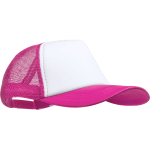 A pink and white trucker cap featuring a mesh back and a solid front panel, complete with a logo.