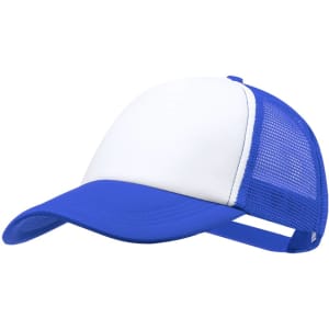 A trucker cap featuring a white front panel and blue brim and mesh, complete with an adjustable strap at the back.