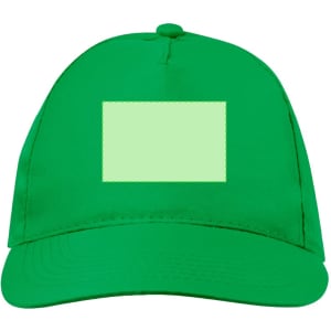 A green trucker cap featuring a blank area for customisation and a logo on the front.