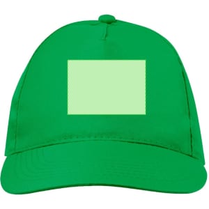 A bright green trucker cap featuring a blank area for customisation and a logo on the front.