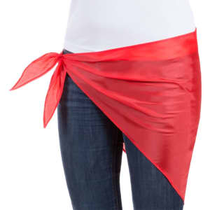 A red Kozma Neckerchief Wrap tied around the waist, made of a smooth material. It features a logo on the fabric.