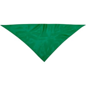 A green Kozma Neckerchief Wrap, triangular in shape, made of a smooth, shiny fabric. Features a logo.
