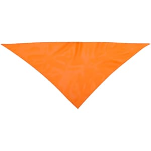 An orange triangular neckerchief wrap made of a shiny material, featuring a logo.
