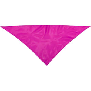 A pink triangular neckerchief wrap with a glossy finish, designed for headwear use. It features a logo.