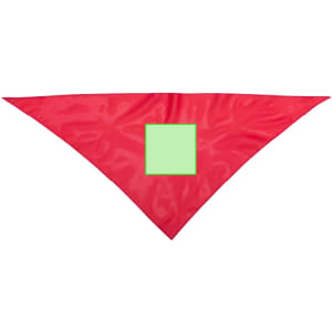 A red neckerchief wrap with a green square in the centre and featuring a logo.