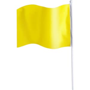 A yellow pennant flag attached to a white pole, designed for exhibitions and events.
