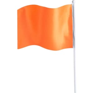 An orange pennant flag on a white pole, designed for exhibitions and events.
