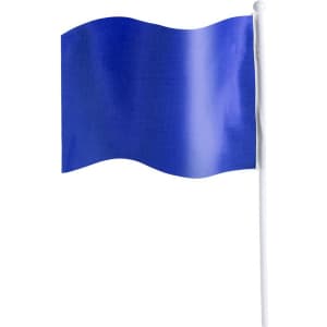 A blue pennant flag attached to a white pole, suitable for exhibitions and events.