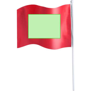 A red pennant flag with a green rectangular area, mounted on a white pole. Ideal for exhibitions and events.