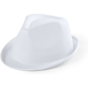 A white children's hat with a fedora style and a subtle textured pattern, featuring a logo.